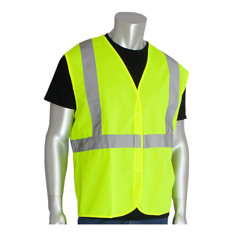 A silver mannequin wears a black shirt and a PIP Class 2 Solid Fabric Reflective Safety Vest 302-WCENGLY in bright yellow with gray reflective stripes over the shoulders and waist. The background is plain white.