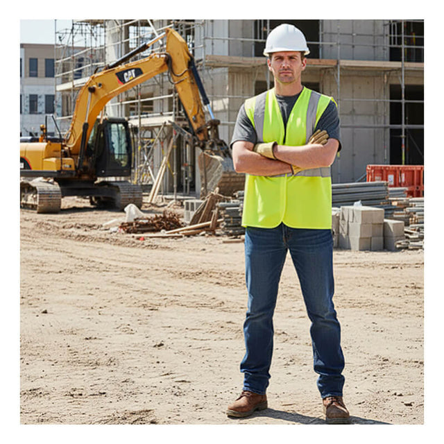 A construction worker in a white hard hat, gray shirt, blue jeans, work boots, and a PIP Class 2 Solid Fabric Reflective Safety Vest 302-WCENGLY stands with arms crossed at a building site with an excavator and unfinished structure in the background.