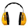 The 3M Peltor Optime 98 Earmuffs H9A, featuring a yellow and black design, are displayed against a white background. These earmuffs are equipped with noise-canceling capabilities and a padded headband, delivering superior hearing protection with an impressive noise reduction rating to effectively guard your ears from loud noises.