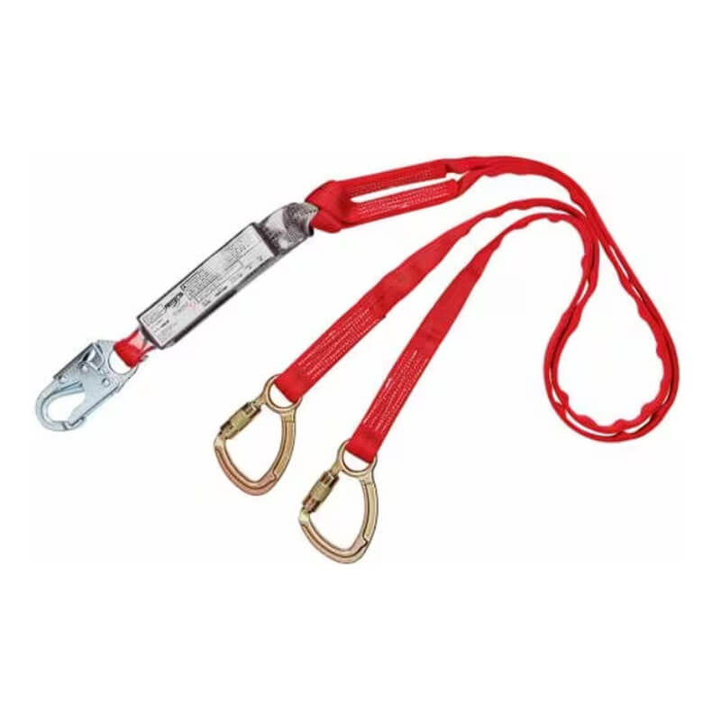 The 3M Protecta PRO 100 Percent Tie-Back Lanyard with Carabiners (model 1340060) from 3M DBI-SALA Fall Protection is a red fall protection lanyard equipped with double straps and metal carabiners on each end. It includes a shock absorber and a metal hook clip to ensure secure attachment in safety harness systems.