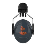 The "PIP Sonis Compact" cap-mounted passive ear muffs by Protective Industrial Products feature a dark gray design with an orange logo on the cups. They offer a noise reduction rating of 25 for excellent noise reduction and are equipped with an overhead band for a secure fit.