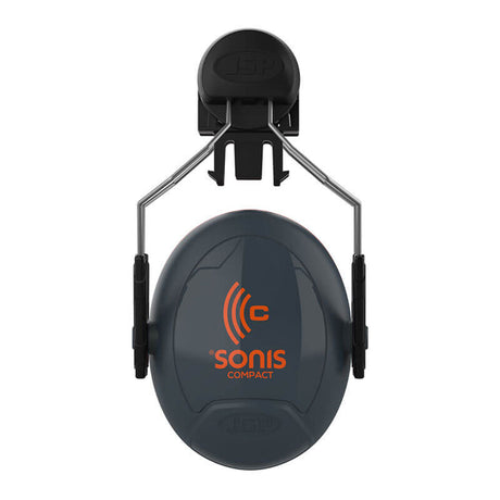 The "PIP Sonis Compact" cap-mounted passive ear muffs by Protective Industrial Products feature a dark gray design with an orange logo on the cups. They offer a noise reduction rating of 25 for excellent noise reduction and are equipped with an overhead band for a secure fit.