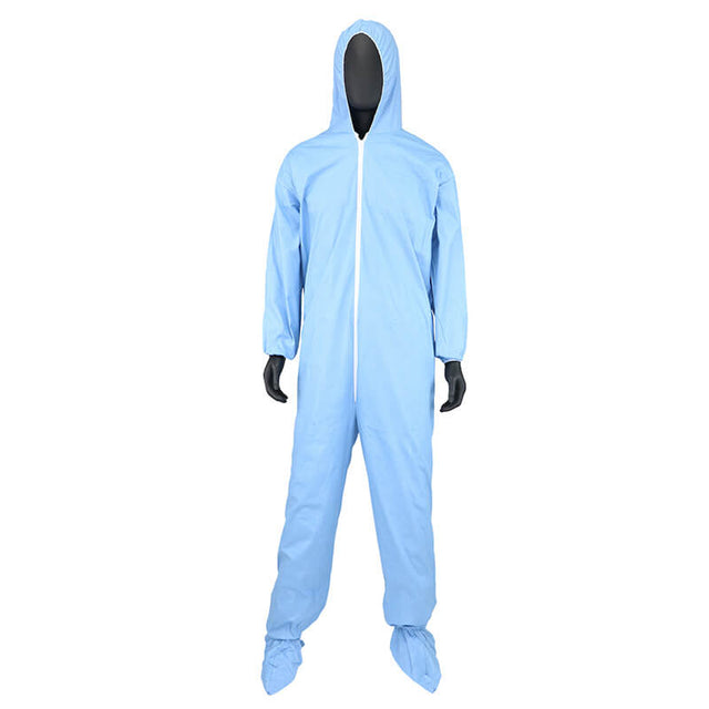 A mannequin displays the PIP Posi-Wear FR Coverall with Hood, Boot, Elastic Wrist & Ankle by Protective Industrial Products (PIP). This light blue flame-retardant suit features a zipper front and comes with integrated boot covers and gloves, providing full-body protection. Designed to repel oil, it is set against a white background.