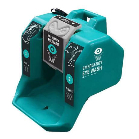 The Aero Healthcare NeutraFlush Gravity Fed Eyewash Station 16 Gal. in teal is ANSI Z358.1 compliant and features a gravity-fed system. It provides clear instructions with eye and hand graphics: "1. Pull" and "2. Rinse," ensuring quick access to clean eyes during emergencies.