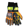A pair of MCR Safety Memphis Forceflex Cold Weather Work Gloves HV200 in orange, black, and gray with reflective yellow-green patches and reinforced knuckles and fingertips for protection, shown overlapping on a white background.
