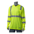 A mannequin wears the PIP Type R Class 3 Quick Dry Hooded Long Sleeve Shirt 313-1323 in Hi-Viz Yellow, featuring reflective gray stripes and a chest pocket—essential high-visibility workwear by PIP.