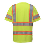 The PIP ANSI Type R Class 3 Two-Tone T-Shirt 313-CNTSP is a hi-vis yellow tee with gray and orange reflective stripes, shown from the back. Meets ANSI Type R Class 3 standards. Brand: PIP.