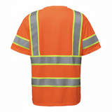 The PIP ANSI Type R Class 3 Two-Tone T-Shirt 313-CNTSP is an orange hi-vis workwear shirt with yellow and gray reflective stripes on the back, shoulders, and sleeves, meeting ANSI Type R Class 3 standards.