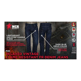 Two pairs of MCR Safety FR Gear 10.5 oz Vintage Denim Jeans P2D are shown, featuring lightweight, stretchy fabric, relaxed fit, vintage style, CAT2 protection, safety certifications, and a timeless dark blue color from MCR Safety.