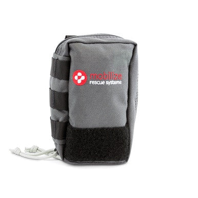 The Mobilize Compact Rescue System, Model 8911, from Mobilize Rescue Systems, is a stylish and efficient emergency tool. This portable rescue system features a gray pouch adorned with the "mobilize rescue systems" logo. It includes black side straps and a Velcro area at the bottom for easy handling and integration with the Mobilize Rescue App.