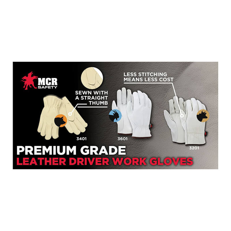 Image featuring MCR Safety Memphis Select Grade Leather Driver Glove 3201 (12 pairs) with a straight thumb design and minimal stitching for cost savings.