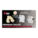 Image featuring MCR Safety Memphis Select Grade Leather Driver Glove 3201 (12 pairs) with a straight thumb design and minimal stitching for cost savings.