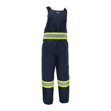 The PIP Bisley Navy Extreme Cold Bib Overall 318M6459T by PIP features adjustable shoulder straps and two horizontal reflective yellow stripes at the waist and legs for enhanced safety and visibility.