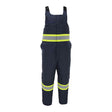 The PIP Bisley Navy Extreme Cold Bib Overall 318M6459T features adjustable shoulder straps, bright yellow reflective stripes at the waist and legs, and waterproof insulated protection—ideal for extreme cold workwear. Brand: PIP.