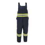 The PIP Bisley Navy Extreme Cold Bib Overall 318M6459T features adjustable shoulder straps, bright yellow reflective stripes at the waist and legs, and waterproof insulated protection—ideal for extreme cold workwear. Brand: PIP.