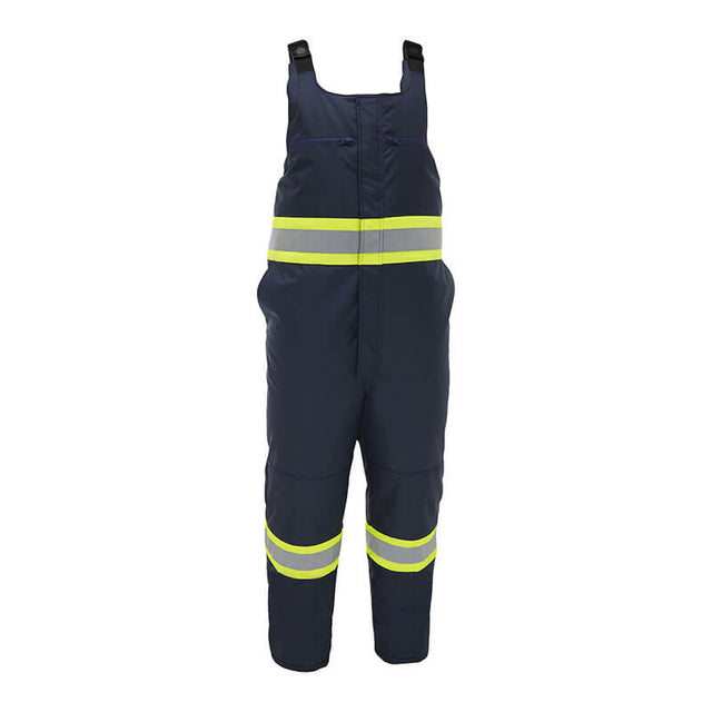 The PIP Bisley Navy Extreme Cold Bib Overall 318M6459T features adjustable shoulder straps, bright yellow reflective stripes at the waist and legs, and waterproof insulated protection—ideal for extreme cold workwear. Brand: PIP.