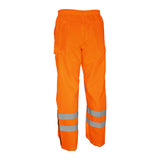 The PIP Bisley Class E Hi Vis Waterproof Pants 318U6373T by Protective Industrial Products feature a vibrant orange color with reflective silver stripes near the bottom of each leg. Designed for safety or outdoor work environments, these pants boast an elastic waistband for added comfort.