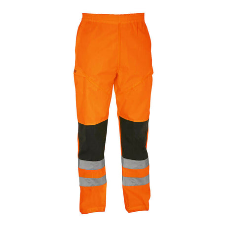 The PIP Bisley Class E Hi Vis Waterproof Pants 318U6373T, by Protective Industrial Products, feature a hi-vis orange color with dark knee patches and reflective silver bands on the lower legs. Designed for safety in low-light conditions, these high-visibility pants ensure you're both seen and secure while working.