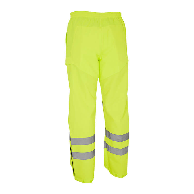 The PIP Bisley Class E Hi Vis Waterproof Pants 318U6373T by PIP - Protective Industrial Products are bright yellow safety pants featuring reflective gray stripes around each leg to improve visibility in low-light settings. These high-visibility pants come with an elastic waistband and are perfect for construction or traffic work environments.