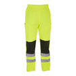 The PIP Bisley Class E Hi Vis Waterproof Pants, model 318U6373T, by Protective Industrial Products (PIP), feature a high-visibility yellow color with black knee panels and reflective silver bands on the lower legs for safety and improved visibility in low-light conditions.