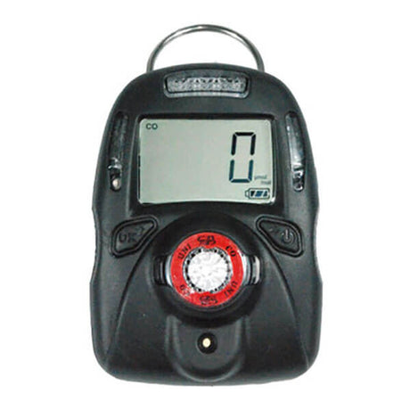 The mPower Electronics UNI MP100 CO Single Gas Detector M001-0023-000 is a black handheld personal gas monitor equipped with a digital display showing "0 ppm" for carbon monoxide detection. It features two buttons, a circular sensor at the bottom center, and a keyring loop at the top for convenient portability.