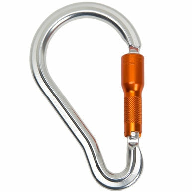 The Skylotec Large Aluminum Carabiner 2 in. Gate Opening BIG AL TW H-151 is highlighted against a white background, featuring an orange twist-lock gate and a sleek, teardrop shape with a textured grip area for enhanced security and dependable fall protection in diverse scenarios.