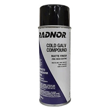 A 14oz aerosol can of RADNOR Matte Gray Cold Galvanizing Compound offers Zinc Protection with a matte finish. The packaging is predominantly silver with a black cap and displays blue and black text, making it perfect for protection in corrosive environments.