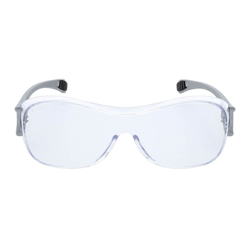 MCR Law OTG Safety Glasses UV-AF Anti-Fog OG1 by MCR Safety feature clear wraparound lenses and gray flexible temple arms for ANSI Z87.1 eye protection. Shown from the front against a white background. Box of 12.