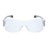 MCR Law OTG Safety Glasses UV-AF Anti-Fog OG1 by MCR Safety feature clear wraparound lenses and gray flexible temple arms for ANSI Z87.1 eye protection. Shown from the front against a white background. Box of 12.