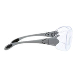 MCR Safety Law OTG Safety Glasses UV-AF Anti-Fog OG1 feature clear ANSI Z87.1 lenses and gray/black arms, shown in a side view on a white background (12 per box).