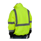 The PIP ANSI Type R Class 3 Quarter-Zip Pullover Sweatshirt, offered by Protective Industrial Products, represents top-tier reflective safety gear with its predominantly neon yellow color and reflective gray stripes. It is showcased from the back on a mannequin to highlight its high-visibility features.