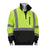 The PIP ANSI Type R Class 3 Quarter-Zip Pullover Sweatshirt by Protective Industrial Products is a water-repellent, high-visibility safety jacket in neon yellow and black with reflective gray stripes. It features a half-zip design and a front chest pocket, showcased on a headless mannequin.