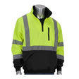 The PIP ANSI Type R Class 3 Quarter-Zip Pullover Sweatshirt by Protective Industrial Products is a water-repellent, high-visibility safety jacket in neon yellow and black with reflective gray stripes. It features a half-zip design and a front chest pocket, showcased on a headless mannequin.