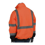 A mannequin showcases a PIP Zip Pullover Black Bottom Sweatshirt 323-1330B-LY by Protective Industrial Products. This orange high-visibility jacket, featuring reflective silver material on the back and sleeves, is designed to meet ANSI Type R Class 3 standards. Set against a plain white background, the water-repellent sweatshirt offers safety and comfort in harsh conditions.