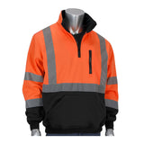 A mannequin wears the PIP Zip Pullover Black Bottom Sweatshirt 323-1330B-LY from Protective Industrial Products, featuring an orange and black high-visibility design with reflective gray stripes. This water-repellent jacket includes a quarter zip, a chest pocket, and a front pocket for added functionality.