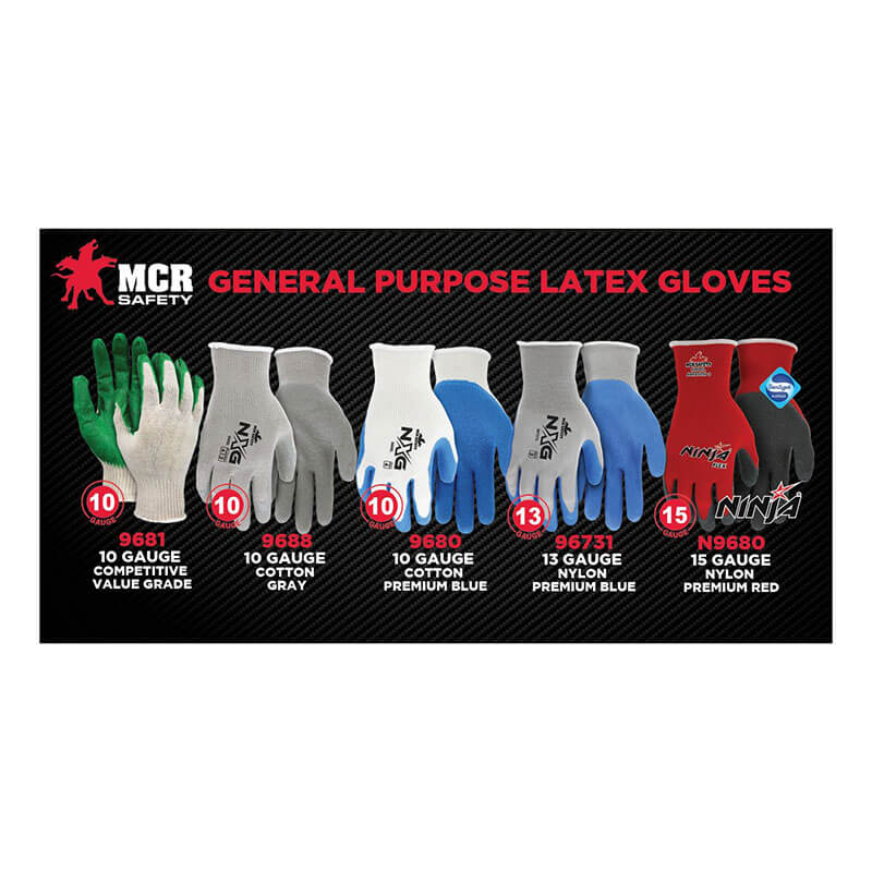 Image displaying MCR Safety Memphis Ninja Flex Glove N9680 (12 pairs) along with other general purpose latex industrial gloves, each in different colors and gauges, labeled with style numbers and descriptions on a black background with red text.