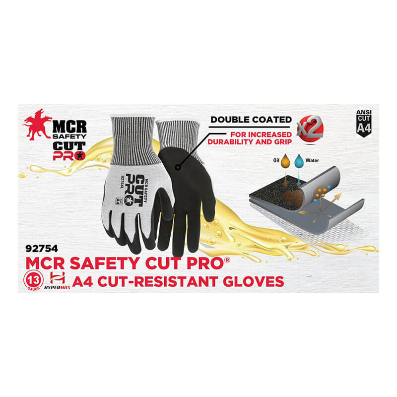 Box for MCR Safety CutPro 13G Double Coated Nitrile Gloves 92754, featuring a pair of gloves. Cut-away shows layers repelling oil and water, with text highlighting double coating, durability, and ANSI A4 cut protection. Contains 12 pairs.