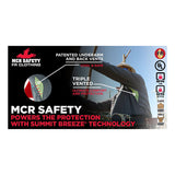 A worker in a hard hat and harness adjusts equipment. Text highlights the MCR Safety Summit Breeze 5.5 oz FR Shirt SBS100_ with triple vent technology for arc flash protection, comfort, and cooling. Various safety icons are displayed.