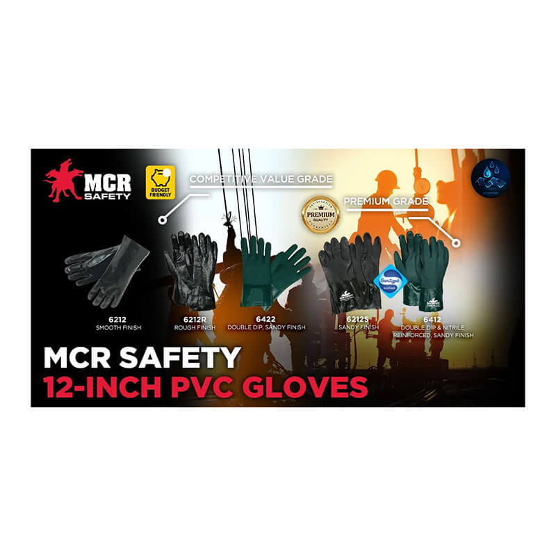 Product display showcases MCR Safety's Memphis 6212R Single Dipped PVC Glove (12 pairs), with worker silhouettes and safety icons in the background, highlighting chemical protection, glove types, and premium quality.