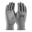 A pair of PIP G-Tek GP Nylon Polyurethane Coated Gloves 33-G125, crafted for exceptional dexterity and abrasion resistance, showcasing a textured grip on the palms and fingers. Displayed upright, one glove reveals its palm while the other shows its back. They feature a seamless knit wrist cuff in light gray from Protective Industrial Products (PIP).