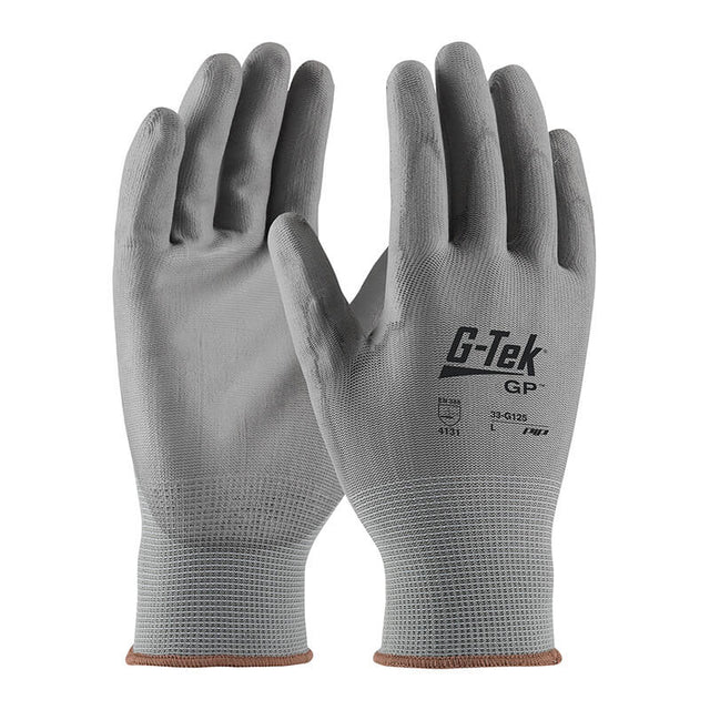 A pair of PIP G-Tek GP Nylon Polyurethane Coated Gloves 33-G125, crafted for exceptional dexterity and abrasion resistance, showcasing a textured grip on the palms and fingers. Displayed upright, one glove reveals its palm while the other shows its back. They feature a seamless knit wrist cuff in light gray from Protective Industrial Products (PIP).