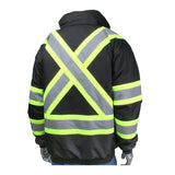 A person is seen wearing the PIP Two-Tone X-Back Full Zip Bomber Jacket from Protective Industrial Products, a black waterproof jacket featuring high-visibility elements such as bright yellow and silver reflective tape. From the back, the design highlights an X pattern complemented by horizontal and vertical stripes on the sleeves and body.