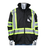 The PIP Two-Tone X-Back Full Zip Bomber Jacket by Protective Industrial Products is showcased on a mannequin, featuring a waterproof design in sleek black with striking bright yellow and silver reflective tape. This high-visibility jacket includes a front zipper and multiple pockets, offering both style and safety.