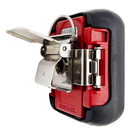 A red and black wall-mounted bottle opener with a metal lever, showcasing a robust design similar to the RKI Instruments OX-04 Series O2 Single Gas Monitor. This sturdy piece is positioned to clearly display its side and front views, adding an intrinsically safe charm to any kitchen or bar setting.