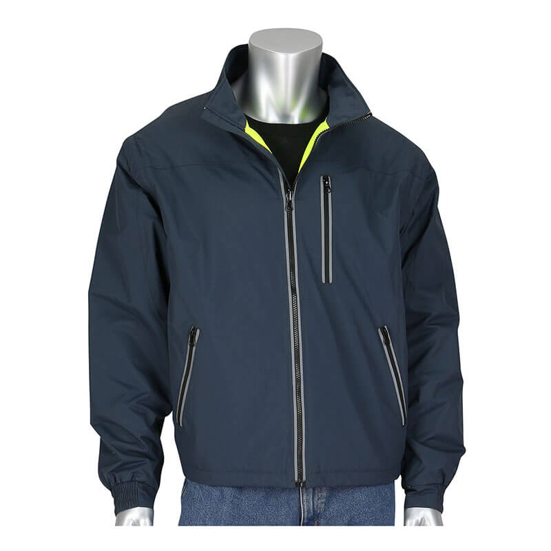 The PIP Black Label 4-in-1 Reversible Windbreaker from PIP - Protective Industrial Products is elegantly displayed on a silver mannequin, highlighting its navy blue side complete with zippered pockets and a high collar. Stylishly layered over a black shirt and combined with blue jeans, this jacket offers both style and function.