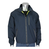 The PIP Black Label 4-in-1 Reversible Windbreaker from PIP - Protective Industrial Products is elegantly displayed on a silver mannequin, highlighting its navy blue side complete with zippered pockets and a high collar. Stylishly layered over a black shirt and combined with blue jeans, this jacket offers both style and function.
