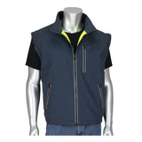 A mannequin is dressed in the PIP Black Label 4-in-1 Reversible Windbreaker by Protective Industrial Products, featuring a sleeveless design in dark blue with a high collar, front zipper, and two side zipper pockets. The windbreaker is layered over a black t-shirt, revealing a hint of yellow fabric on the inside. It stands poised against a plain white backdrop.
