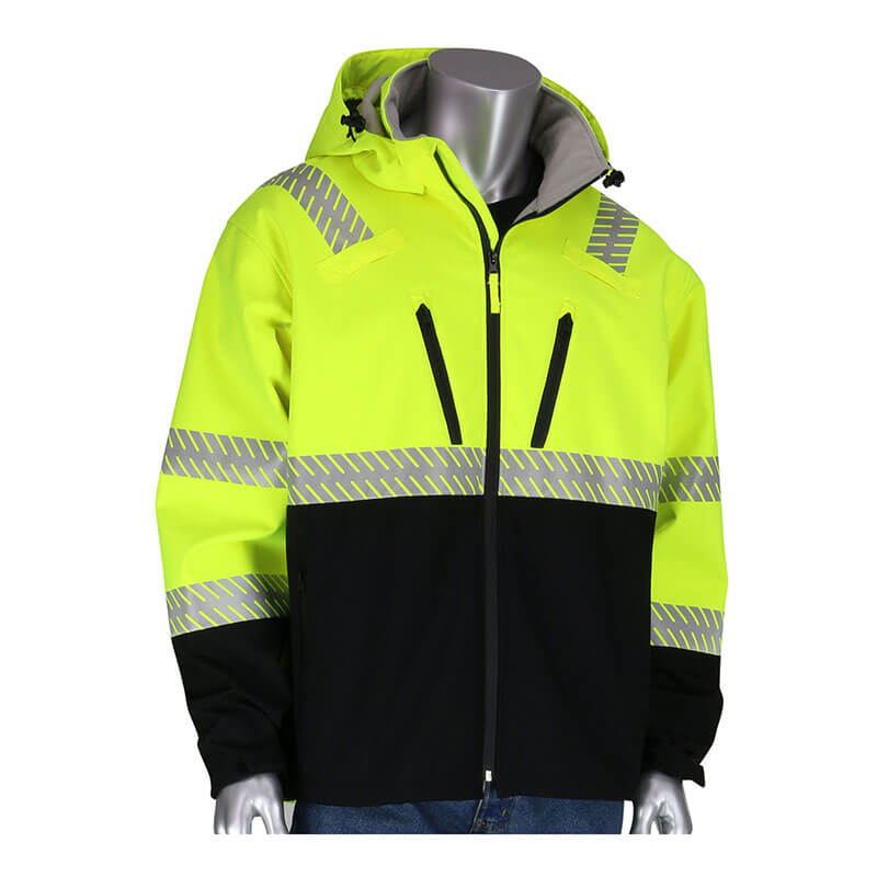 A mannequin wears the PIP Ripstop Softshell Black Bottom Jacket 333-1550: a high-visibility, waterproof jacket with a bright yellow top, black bottom, reflective silver stripes, front zipper, hood, and two zippered chest pockets.