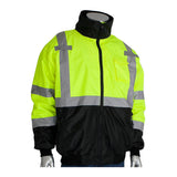 The PIP Waterproof Reflective Value Bomber Jacket 333-1766 is an ANSI Class 3 workwear jacket with bright yellow upper sections, gray reflective stripes, black lower sections, a front zipper, chest pocket, and elastic cuffs. Displayed on a headless mannequin.