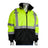 The PIP Waterproof Reflective Value Bomber Jacket 333-1766 features hi-vis yellow upper sections, silver reflective stripes, black lower sections, a zip front, side pockets, and a stand-up collar. Shown on a mannequin. Brand: PIP.